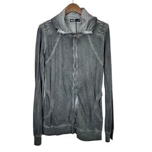 Vocal NWT Distressed Gray Studded Embellished Zip Up Long Duster Jacket